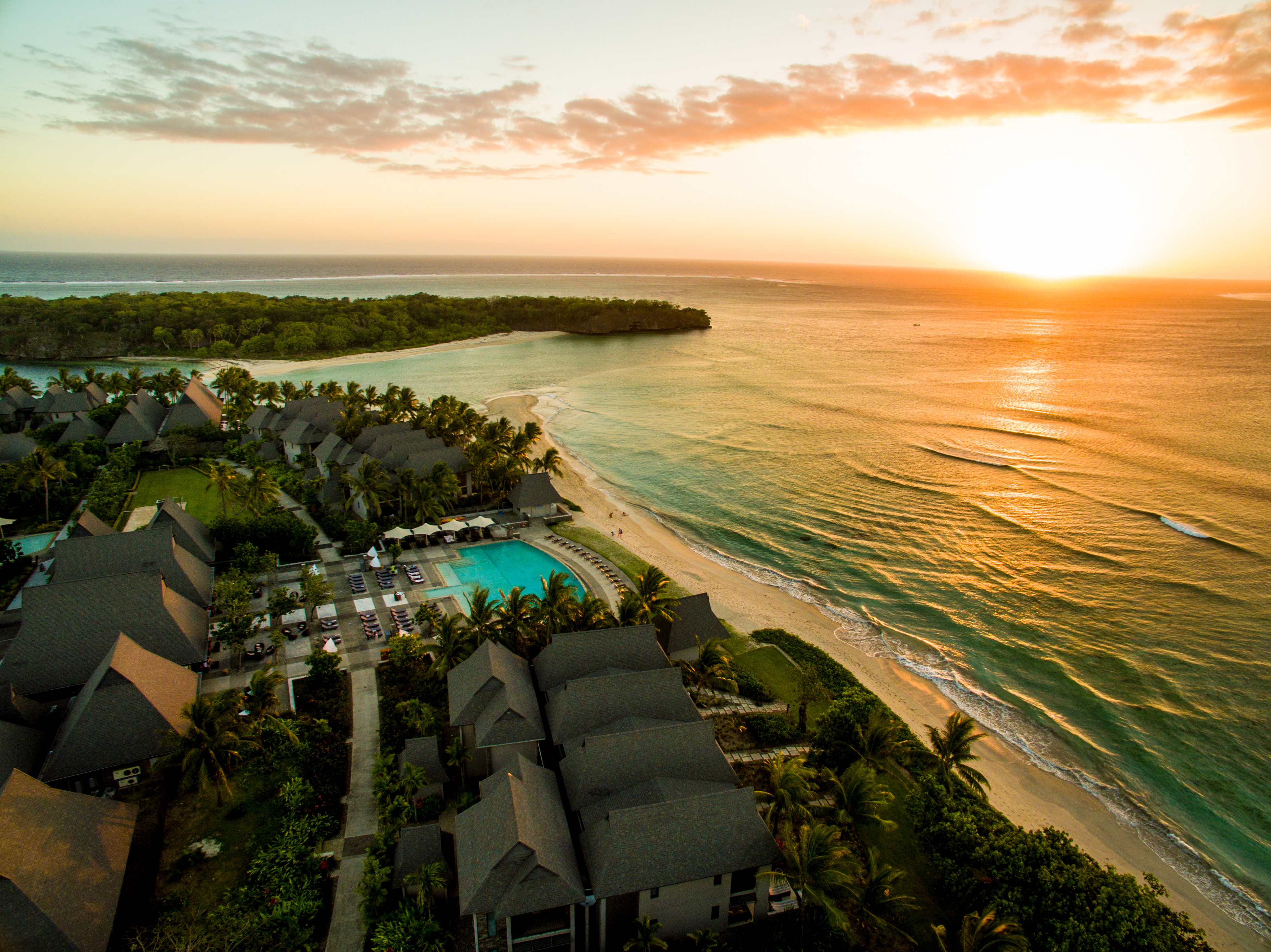 Sunset aerial over Natadola Bay